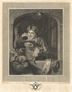 Бреющийся мужчина. Гравюра с живописного оригинала Годфрида Схалкена. Париж, 1762