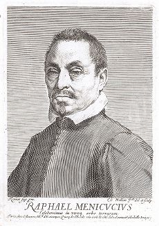 Рафаэль Меникуччи (? - 1640) - известный музыкант и буффон при дворе папы Урбана VIII. Гравюра Клода Меллана, 1625 год. 