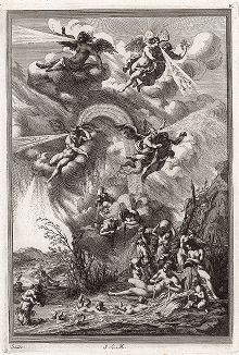 Круговорот воды в природе: боги ветров в небе и речные божества на земле.  "Iconologia Deorum,  oder Abbildung der Götter ...", Нюренберг, 1680. 