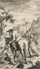 Гудибрас повержен Труллой. Сцена 1. Сбежав от крестьян, медведя и собаки, Гудибрас застигнут врасплох положившей на него глаз деревенской бой-бабой Труллой. Иллюстрация к поэме «Гудибрас», Лондон, 1732
