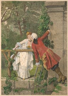 Поцелуй в саду. Гравюра, выполненная в смешанной технике французским художником Эмилем Мецмахером и немецким гравёром Германом Эйхенсом,  Париж, 1879 год