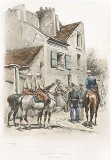 Полицейский указывает дорогу французским конным егерям (из Types et uniformes. L'armée françáise par Éduard Detaille. Париж. 1889 год)