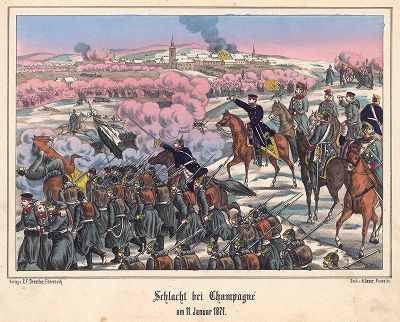 Франко-прусская война 1870-71 гг. Сражение при Ле-Мане 11 января 1871 г. Редкая немецкая литография