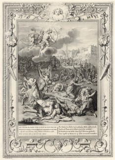 Аполлон и Артемида умерщвляют детей Ниобы, та превращается в камень (лист известной работы "Храм муз", изданной в Амстердаме в 1733 году)