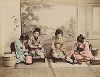 Трапеза четырех девушек. Крашенная вручную японская альбуминовая фотография эпохи Мэйдзи (1868-1912). 
