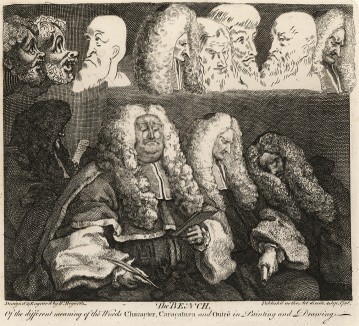 Судьи, 1758. Гравюра, выполненная с живописного полотна того же года, существенно отличается от картины. Хогарт, выделяя гравюру как особый вид искусства, экспериментирует с графическим средствами изображения. Лондон, 1838