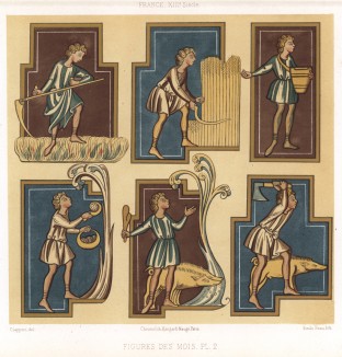 Младшие шесть братьев из Двенадцати месяцев по версии манускриптов XIII века (из Les arts somptuaires... Париж. 1858 год)