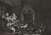 Праздный. Подмастерье с проституткой на чердаке, 1747. Лентяй Томас скрывается от правосудия. Он живет в нищенской обстановке с проституткой. Страшась ареста, он с ужасом просыпается среди ночи из-за прыгнувшей кошки. Геттинген, 1854