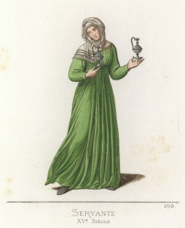 Служанка в зелёном платье (цвет скромности в XV веке), уравновешенная двумя серебряными кувшинчиками. По мотивам картины художника сиенской школы Лоренцо ди Пьетро (лист 192 иллюстраций к "Историческому костюму XII-XV вв.". 1860 год)