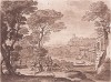 Пейзаж с фигурами. Лист 175 из серии сепийных меццотинт "Liber Veritatis" (Книга Истины) известного английского гравёра Ричарда Ирлома по рисункам французского живописца Клода Лоррена из коллекции герцога Девонширского, Лондон, 1774-1777 годы