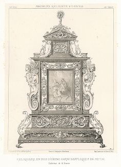 Французский реликварий из черного дерева с металлическими накладками, XVII век. Meubles religieux et civils..., Париж, 1864-74 гг. 