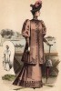 Городской дамский костюм с вышивкой, кокетливая шляпа с розовыми перьями и зонт. Из французского модного журнала Le Coquet, выпуск 290, 1892 год
