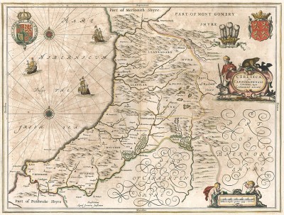 Карта графства Кардиганшир в Уэльсе. Ceretica sive Cardiganensis Comitatus, Anglis, Cardigan Shire. Составил Ян Янсониус. Амстердам, 1666