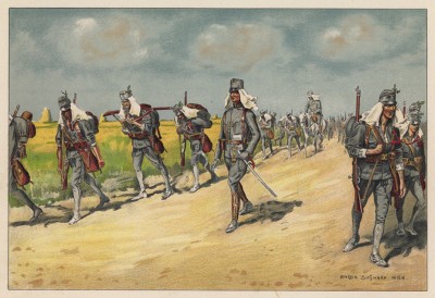 Пехота венгерского гонведа на марше (из редкого альбома Der Osterr. Ung. Soldat mit waffe und Werkzeug. Armee-Bilderbuch (нем.), изданного в Штраубинге (Германия) в 1911 году)