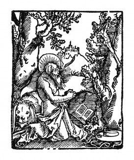 Святой Иероним - создатель канонического латинского текста Библии. Ганс Бальдунг Грин. Иллюстрация к Hortulus Animae. Издал Martin Flach. Страсбург, 1512