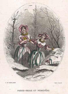 Первые весенние цветы Подснежник и Примула в зимнем лесу. Les Fleurs Animées par J.-J Grandville. Париж, 1847