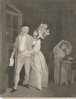 Пикантная сцена с юношей, держащим лотерейные билеты, и двумя дамами. Гравюра по картине Луи Леопольда Буальи. 