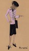 Жакет цвета орхидеи и прямая юбка - всё вместе костюм Purete из коллекции осень-зима 1942-43 года парижского дизайнера Мари-Луиз Брюйер (собственноручная гуашь автора). Уникальный документ истории моды времен Второй мировой войны