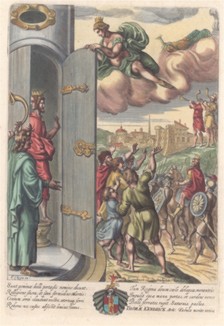 "Энеида" (Aenis). Распахнулись врата войны. Лист из знаменитого издания произведений Вергилия "Publii Virgilii Maronis Opera", Лондон, 1658 год