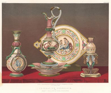 Фарфоровые расписные вазы, кувшины, блюда от английской мануфактуры Philipps & Binns. Каталог Всемирной выставки в Лондоне 1862 года, т.2, л.168