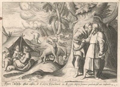 Моисей и Иофор. Лист из серии "Theatrum Biblicum" (Библия Пискатора или Лицевая Библия), выпущенной голландским издателем и гравёром Николасом Иоаннисом Фишером (предположительно с оригинальных досок 16 века), Амстердам, 1643