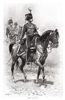 Офицер гвардейской конной артилерии в униформе образца 1855 года верхом (из Types et uniformes. L'armée françáise par Éduard Detaille. Париж. 1889 год)