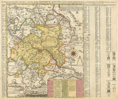 Карта Дрездена и окрестностей. Accurate Geographische Delineation Der Dioeces Und Des Ammtes Dresden. Составил Адам Фридрих Цюрнер, гравировал Питер Схенк, Амстердам, 1711 год. 