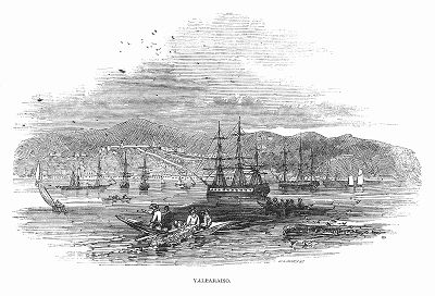 Живописная панорама чилийского города и морского порта Вальпараисо (The Illustrated London News №298 от 15/01/1848 г.)