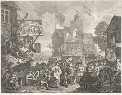 Саутворкская ярмарка, 1733. На ежегодной сентябрьской ярмарке в Саутворке проходили театральные представления. В 1762 г. она была закрыта из-за начавшихся беспорядков. На гравюре изображена сцена из фарса «Театральный бунт». Лондон, 1838