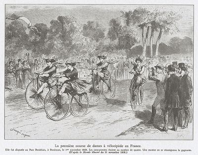 Первые женские велосипедные гонки во Франции, проходившие в Бордо 1 ноября 1868 года. Les cyclisme, Париж, 1935