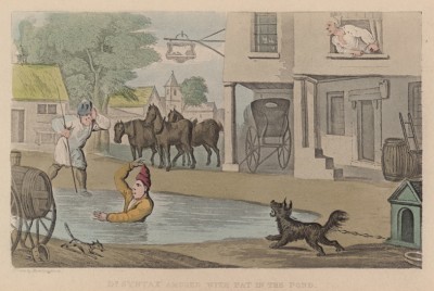 Доктор Синтакс забавляется видом Пэта, тонущего в грязной луже. Иллюстрация Томаса Роуландсона к поэме Вильяма Комби "Путешествие доктора Синтакса в поисках живописного". Лондон, 1881