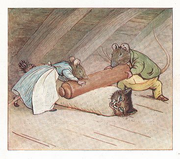 Анна Мария и Сэм-Усик закатывают котенка Тома в рулетик. Иллюстрация Беатрис Поттер к "Сказке о пироге и Сэме-Усике" (The Roly-Poly Pudding), Нью-Йорк, 1908 год. 