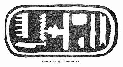 Уменьшенная копия древнеегипетской деревянной печати с именем фараона, найденной в Фивах предположительно использовавшейся для оттиска на кирпичах (The Illustrated London News №103 от 20/04/1844 г.)