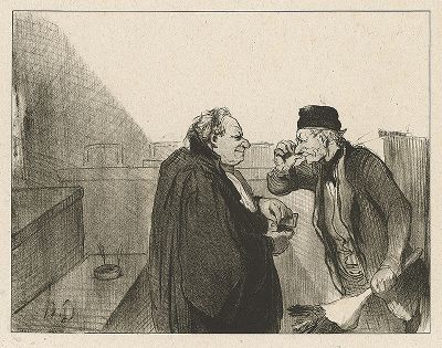 "Сегодня будет большое представление, господит Галуше!". Литография Оноре Домье из серии "Les Gens de justice", 1845-48 гг. 