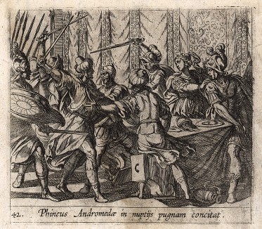 Андромеда приказывает убить Финея, явившегося с оружием на её свадьбу с Персеем, дабы похитить невесту. Гравировал Антонио Темпеста для своей знаменитой серии "Метаморфозы" Овидия, л.42. Амстердам, 1606