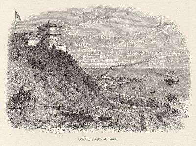 Вид на порт и город Макино, берег озера Мичиган, штат Мичиган. Лист из издания "Picturesque America", т.I, Нью-Йорк, 1872.