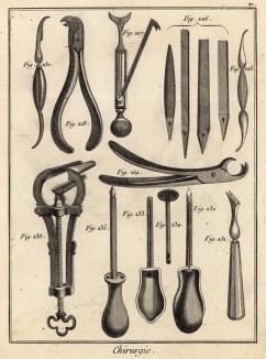 Хирургия. Инструменты стоматолога, троакары (Ивердонская энциклопедия. Том III. Швейцария, 1776 год)