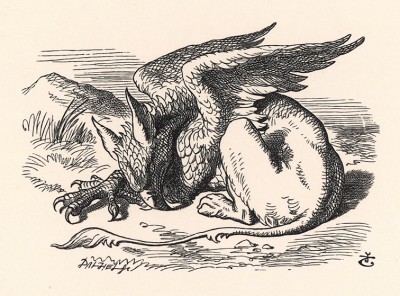 Вскоре они увидели Грифона, крепко спящего на солнцепёке (иллюстрация Джона Тенниела к книге Льюиса Кэрролла «Алиса в Стране Чудес», выпущенной в Лондоне в 1870 году)