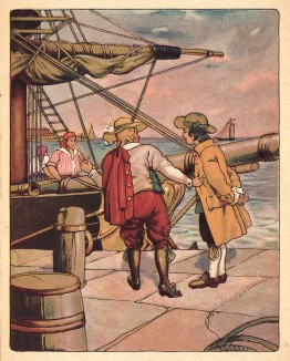 Робинзон Крузо отправляется в плавание. Лист из детской книги "Робинзон", изданной в Германии в начале 20 века