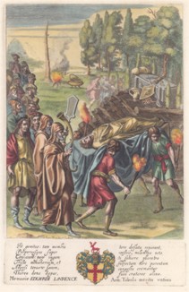 "Энеида" (Aenis). Обряд сожжения тела Мизена. Лист из знаменитого издания произведений Вергилия "Publii Virgilii Maronis Opera", Лондон, 1658 год