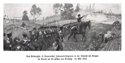 Кольбергский (2-ой Померанский) прусский пехотный полк в сражении при Бауцене 21 мая 1813 г. Илл. Рихарда Кнотеля, Die Deutschen Befreiungskriege 1806-15. Берлин, 1901