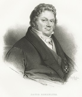 Йёнс Якоб Берцелиус (20 августа 1779 — 7 августа 1848), один из создателей современной химии. Galleri af Utmarkta Svenska larde Mitterhetsidkare orh Konstnarer. Стокгольм, 1842
