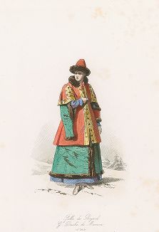 Боярская дочка (боярышня) в XVII веке. "Modes et costumes historiques", Париж, 1860.