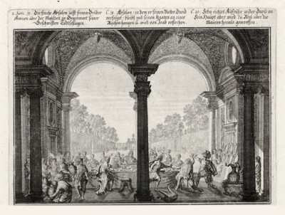 Убийство Авессаломом Амнона, сына Давида (из Biblisches Engel- und Kunstwerk -- шедевра германского барокко. Гравировал неподражаемый Иоганн Ульрих Краусс в Аугсбурге в 1700 году)