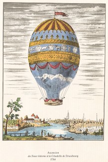 Страсбург. 1784 г. Полёт на воздушном шаре господина Адорне. Из альбома Balloons, выполненного по старинным гравюрам, посвящённым истории воздухоплавания. Лондон, 1956