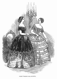 Элегантные француженки, облачённые в зелёные бархатные платья, украшенные чёрным кружевом -- парижская мода, февраль 1848 года (The Illustrated London News №303 от 19/02/1848 г.)