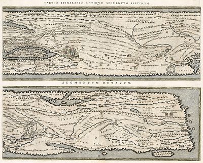 Репродукция части Пейтингеровой таблицы с изображением основных дорог Римской империи (часть  седьмая-восьмая) Лист из "Theatri Orbis Terrarum Parergon", Антверпен, 1624