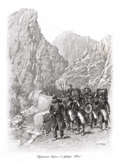 1840 год. Лёгкая пехота французского экспедиционного корпуса в Северной Африке на марше (из Types et uniformes. L'armée françáise par Éduard Detaille. Париж. 1889 год)
