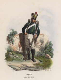 Солдат гвардейского подразделения воспитанников императора (из популярной работы Histoire de l'empereur Napoléon (фр.), изданной в Париже в 1840 году с иллюстрациями Ораса Верне и Ипполита Белланжа)