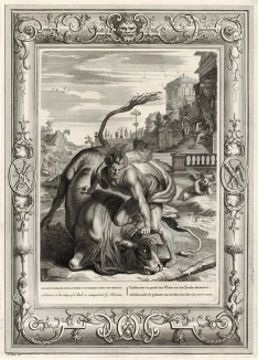Геракл побеждает Ахелоя, принявшего образ быка в единоборстве, и обламывет ему один рог (лист известной работы "Храм муз", изданной в Амстердаме в 1733 году)